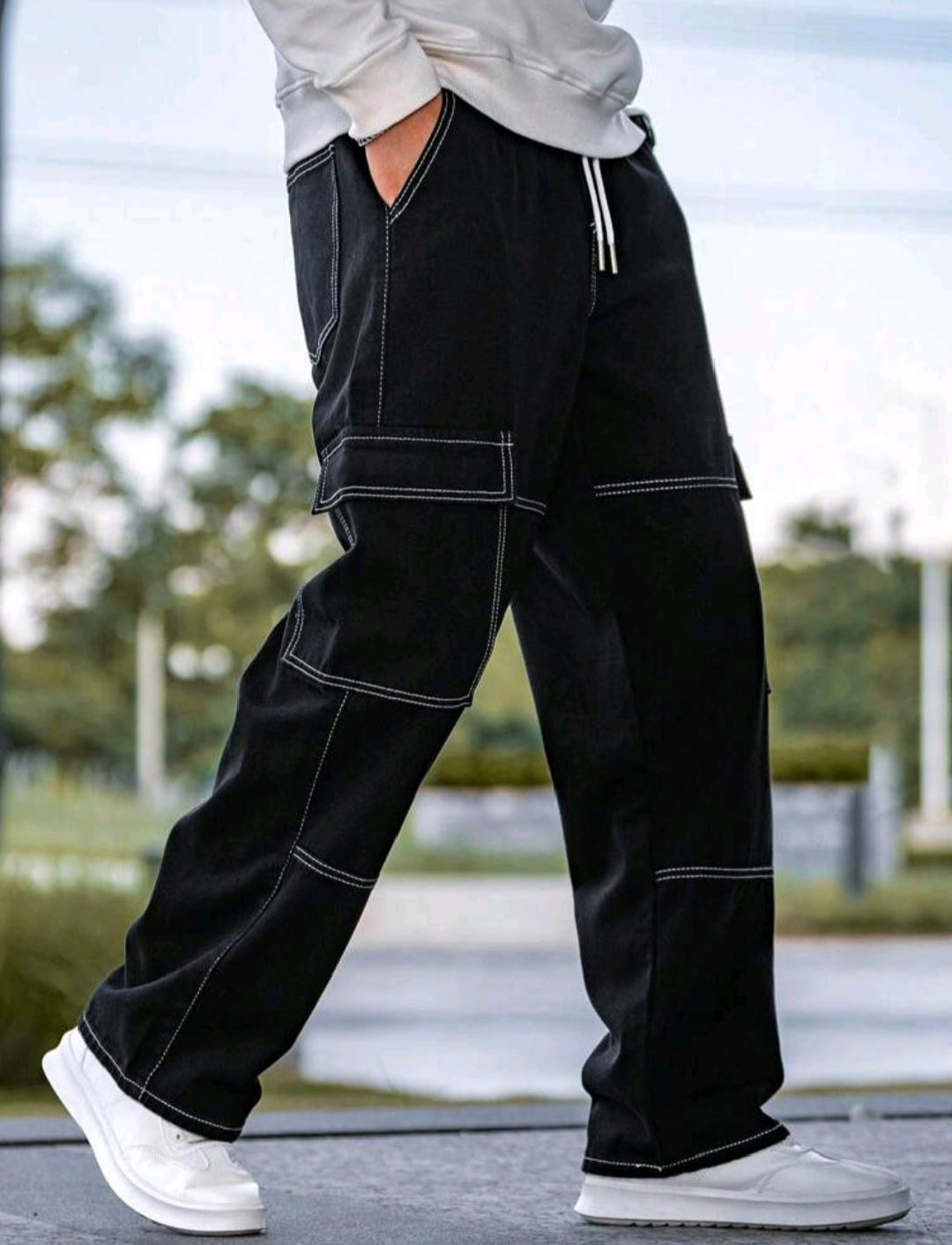 Wide leg contrast Cargo pants with drawstring