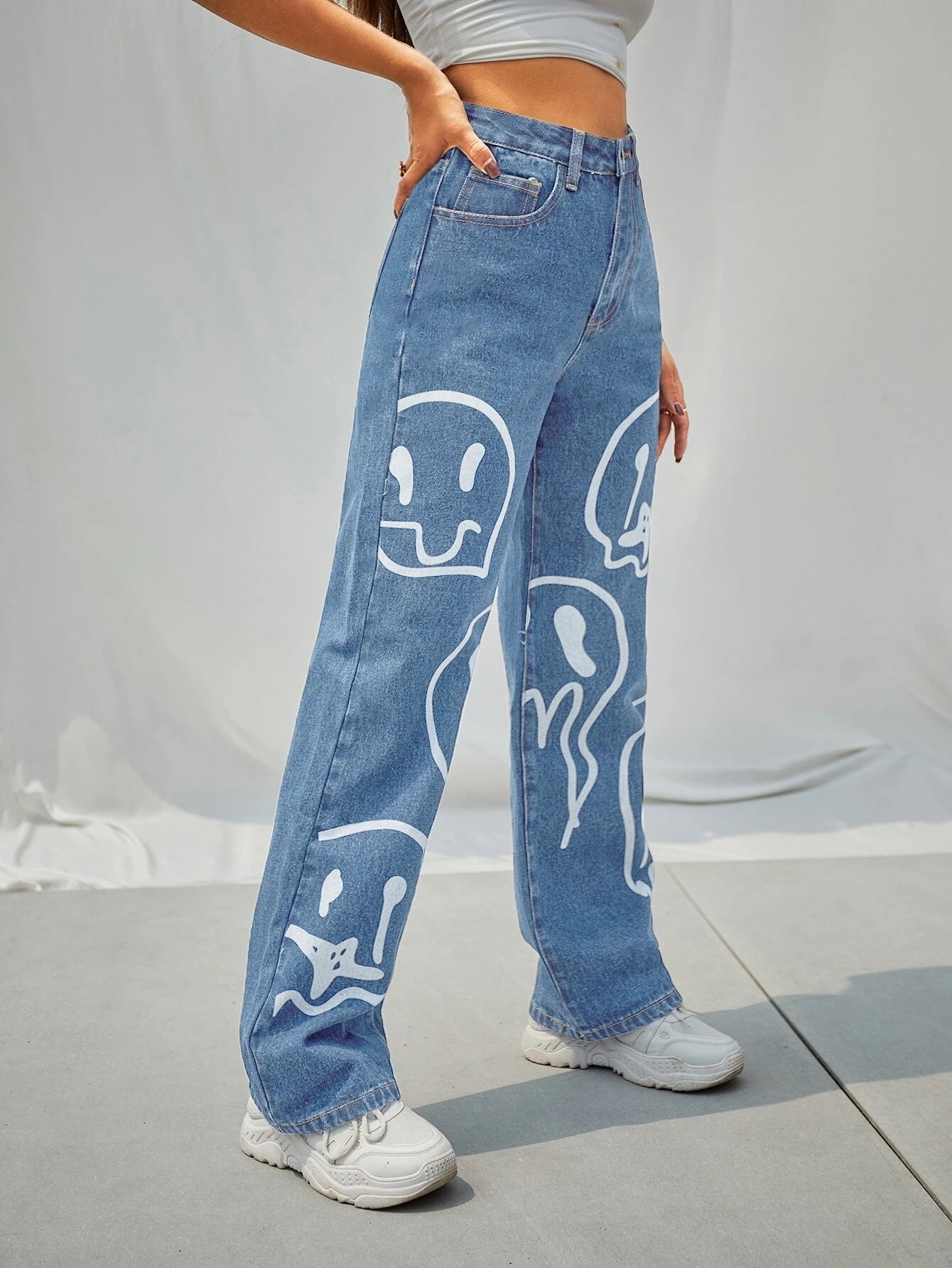 Cartoon Graphic Wide Leg Jeans