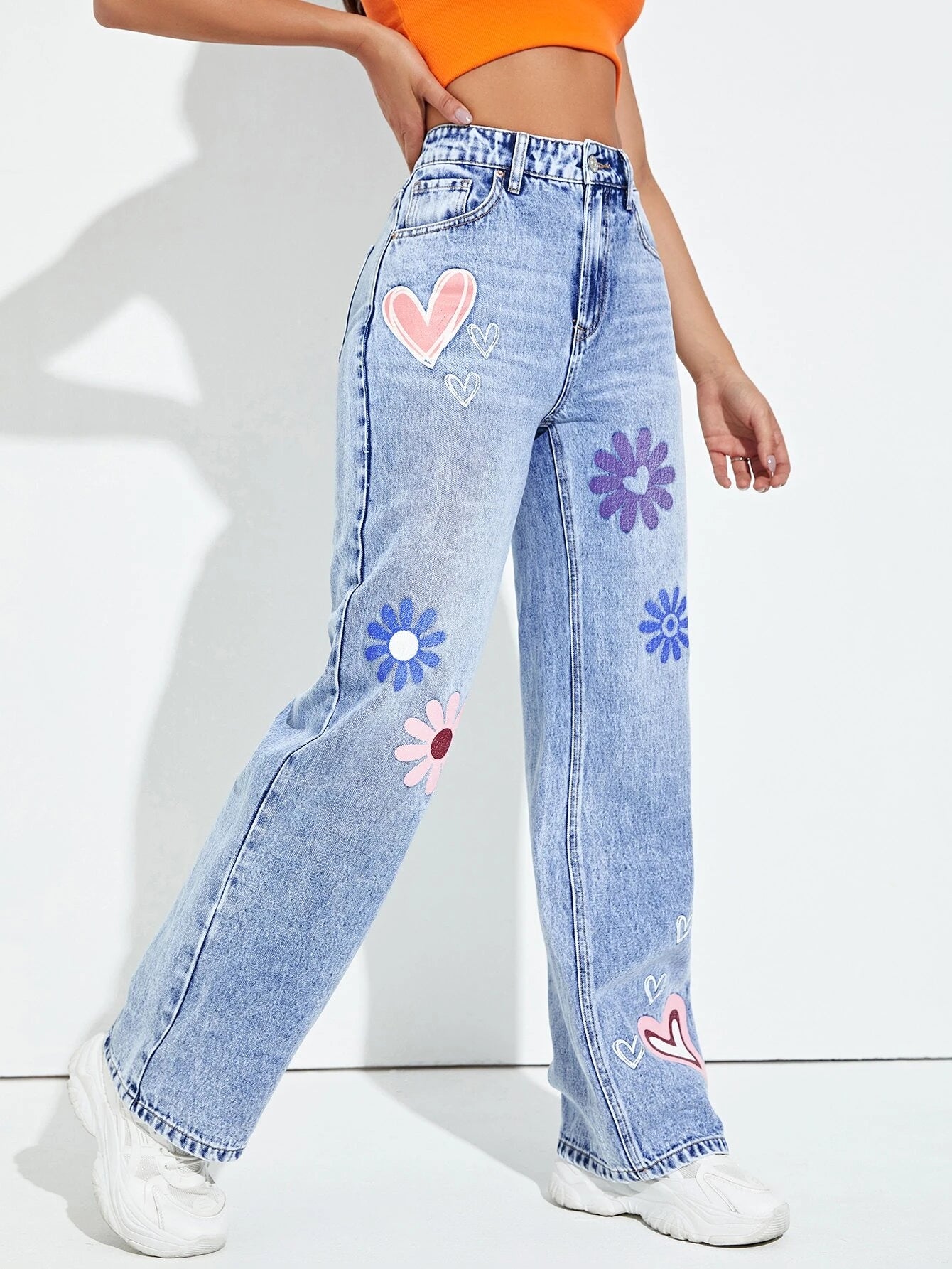 Floral & Heart Print Straight Leg Jeans