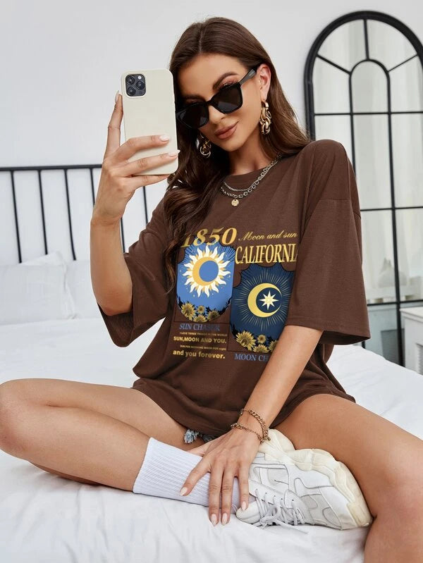 Sun & Moon & Slogan Graphic Drop Shoulder Tee