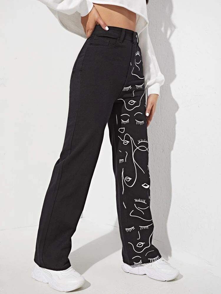 High Waist Wide Face Printed Wide Jeans