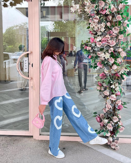 High waist Wide leg Heart printed jeans