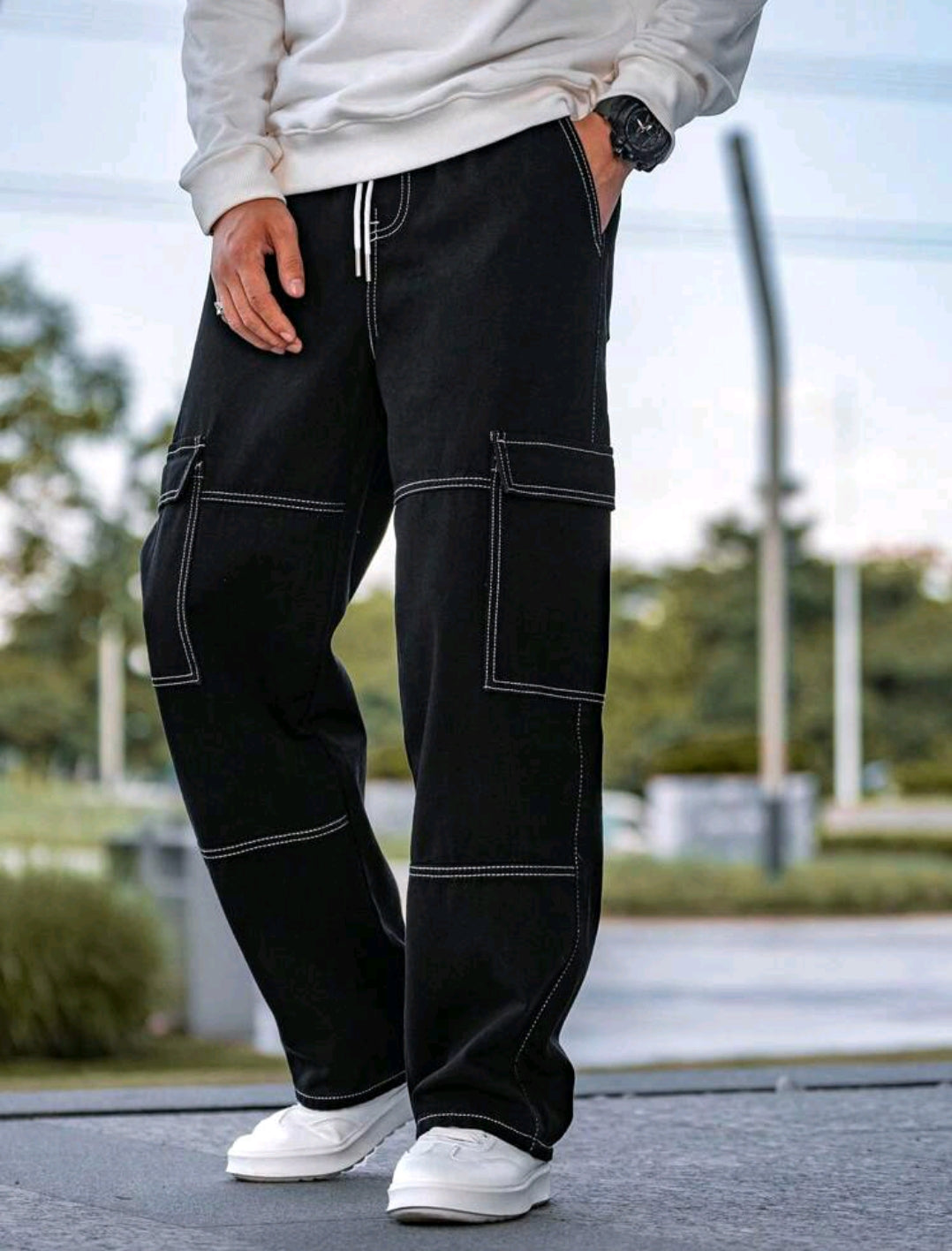 Wide leg contrast Cargo pants with drawstring