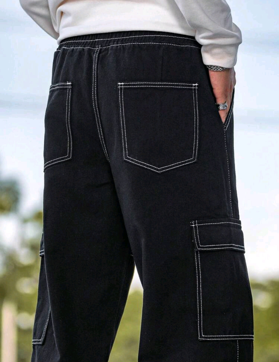 Wide leg contrast Cargo pants with drawstring
