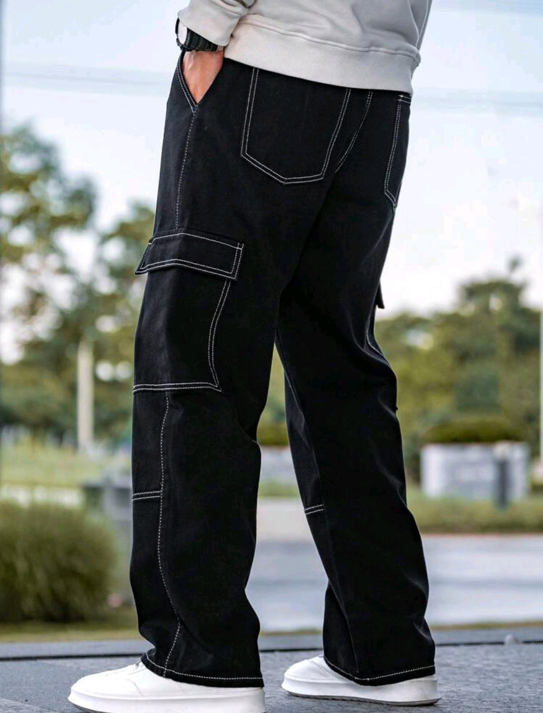 Wide leg contrast Cargo pants with drawstring
