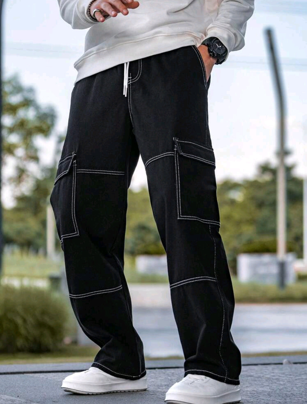 Wide leg contrast Cargo pants with drawstring