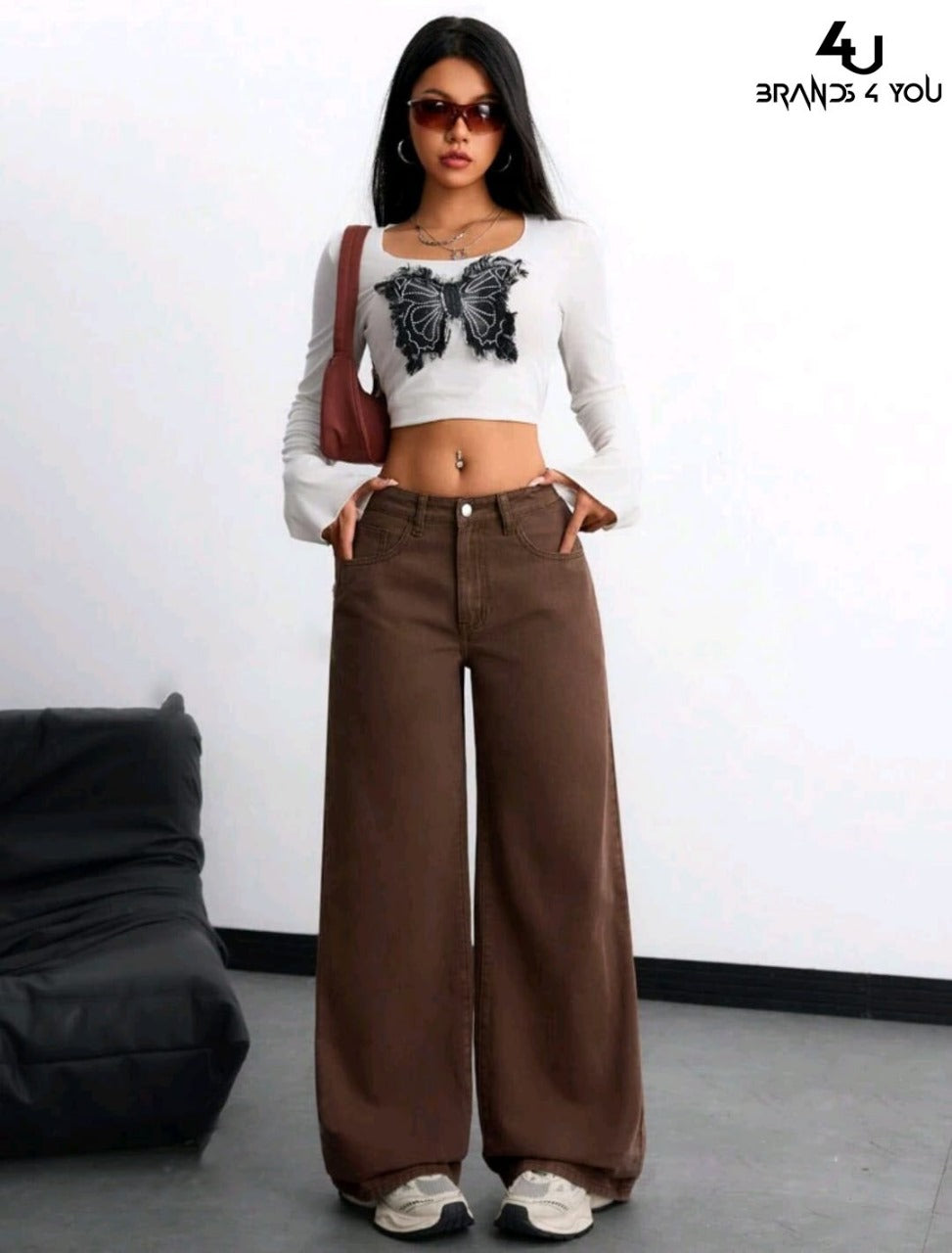 High Waist Leg Jeans Brown