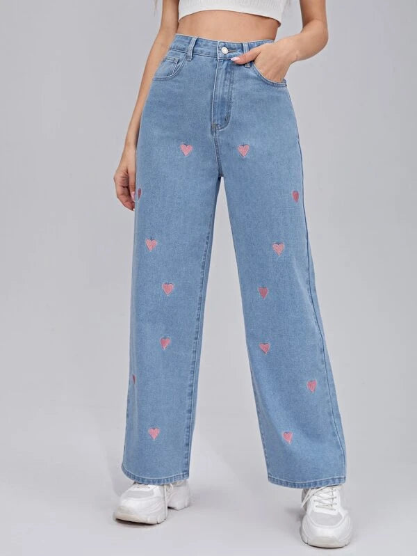 Heart Printed Wide Leg Jeans
