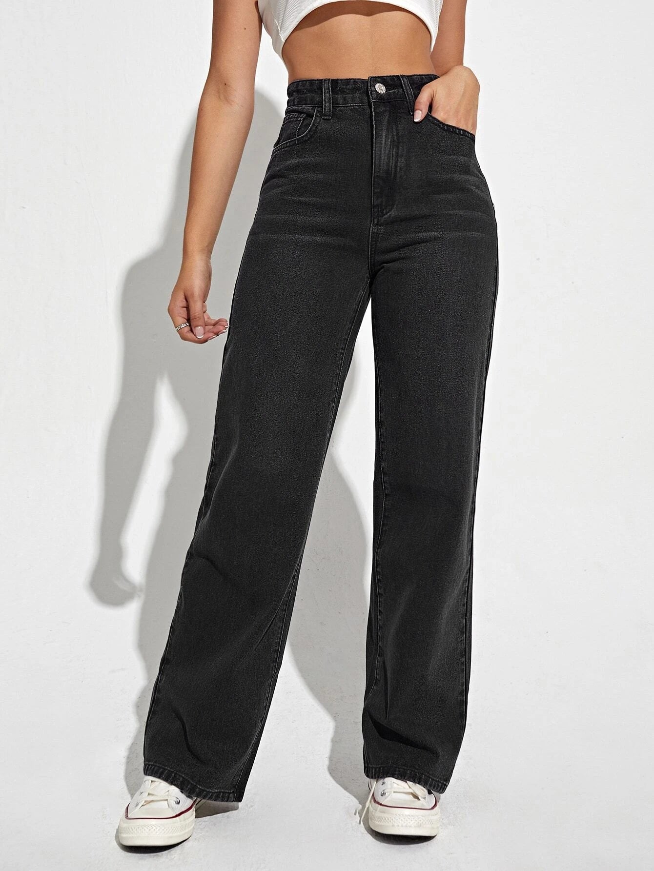 High Waist Slant Pocket Straight Leg Jeans