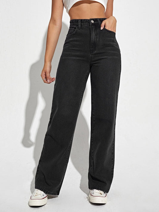 High Waist Slant Pocket Straight Leg Jeans