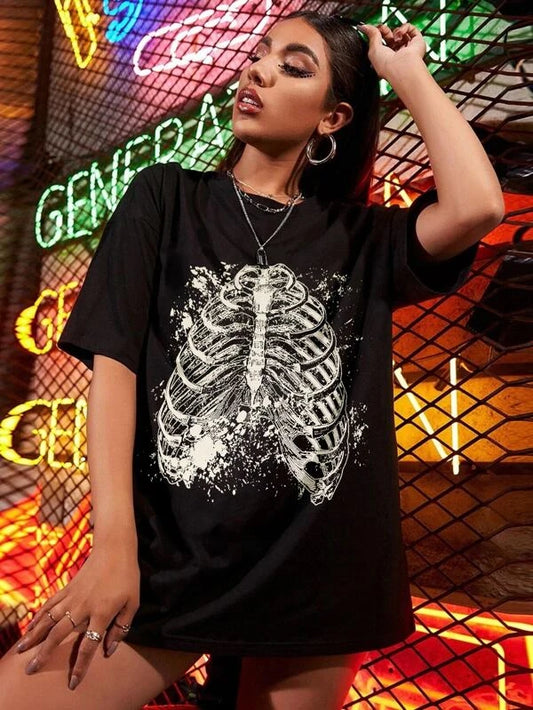 Skeleton Print Drop Shoulder Tee