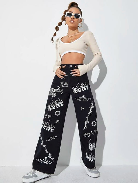 Letter & Fire Pattern Wide Leg Jeans