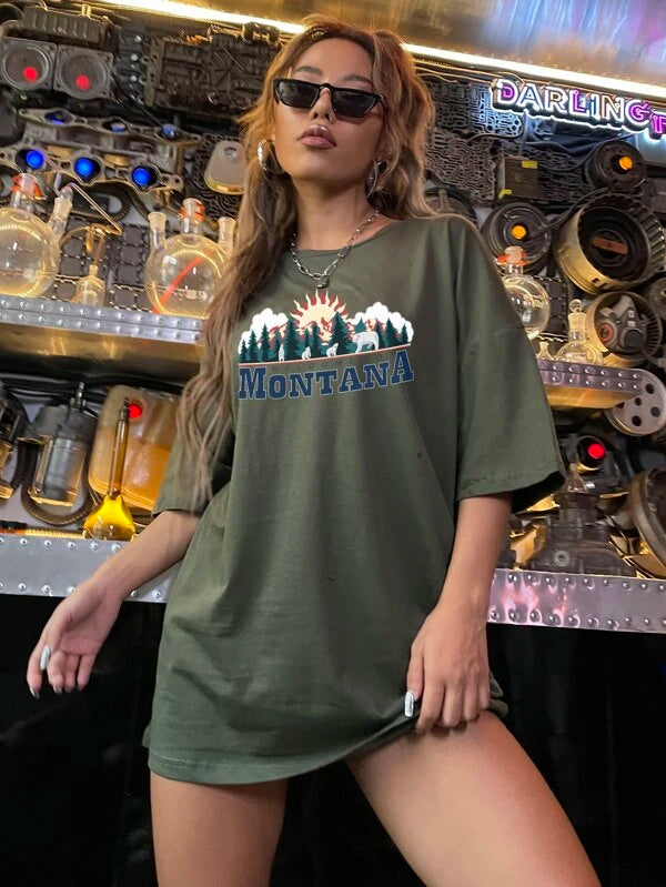 Letter & Trees Print Drop Shoulder Tee