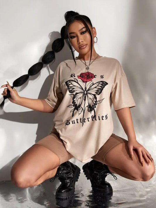 Letter & Butterfly Print Drop Shoulder Tee