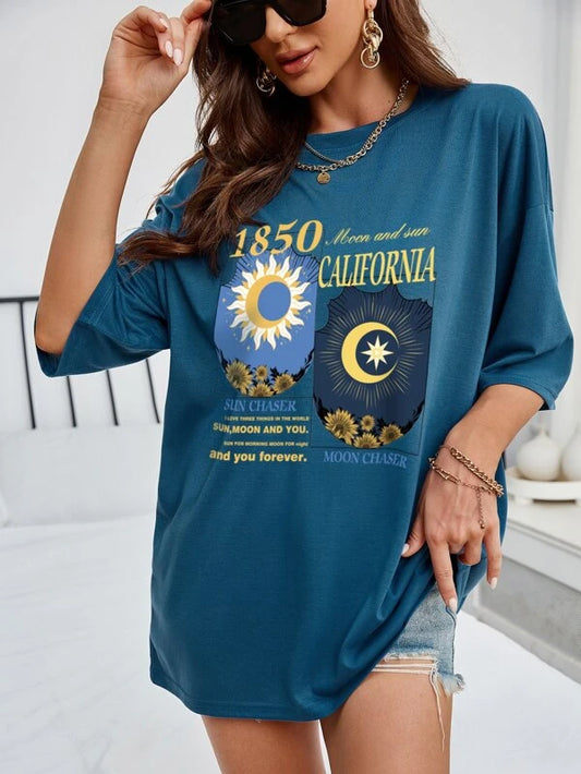 Sun & Moon & Slogan Graphic Drop Shoulder Tee