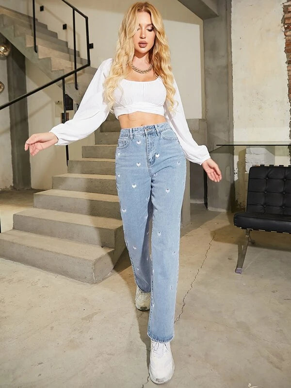 Heart Printed Straight Jeans