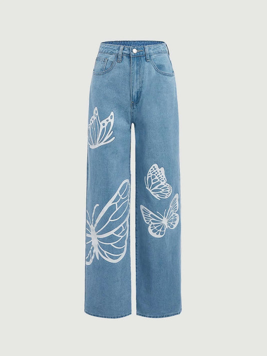 Butterfly Print Wide Leg Jeans