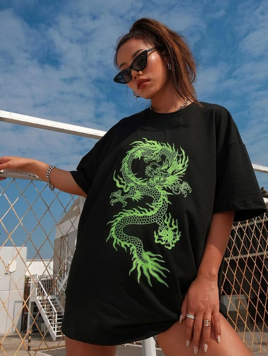 Chinese Dragon Graphic Shoulder Drop Tee