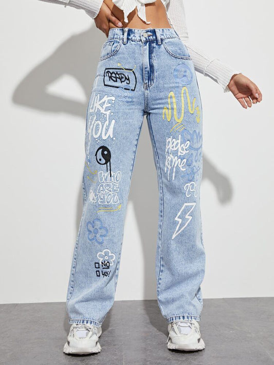 Graffitti Straight Lite Blue Jeans