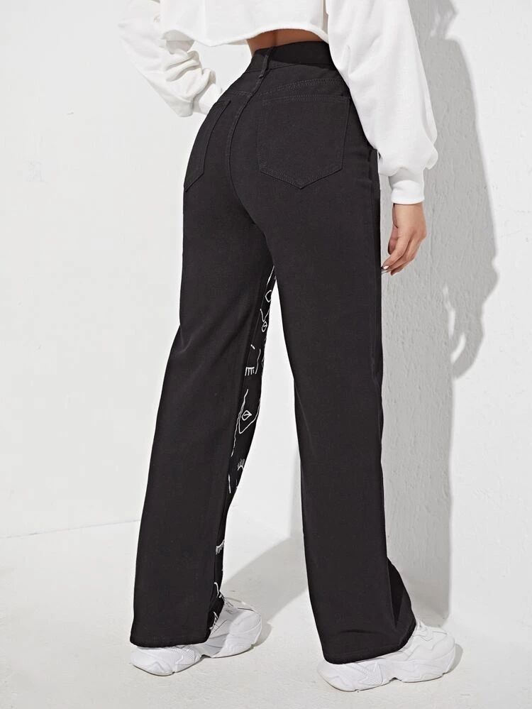 High Waist Wide Face Printed Wide Jeans