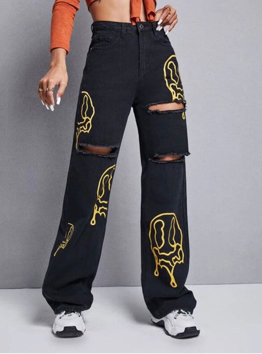 Ripped Graphic Wide High Waist Jeans