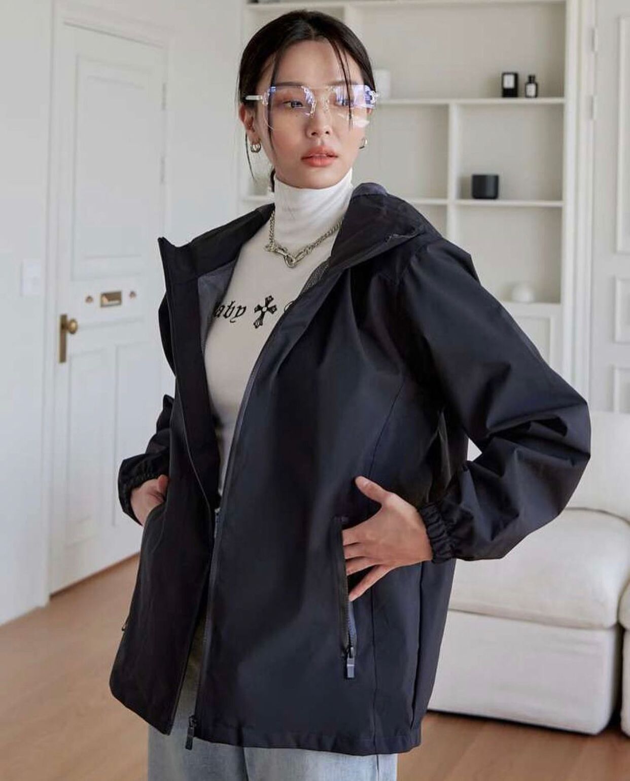 Zip Front Drawstring Hooded Jacket