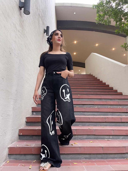 High Waist Cartoon Graphic Wide Leg Jeans